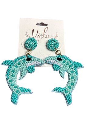Viola Dolphin Seed Bead Dangle Earrings Green White Black Felt Back 3 inches New